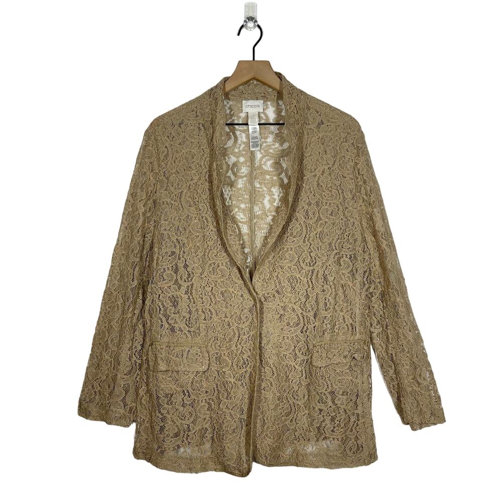 Chicos Crochet Lace Blazer Womens Size XL (3) Tan Career Casual Dainty Elegant‎